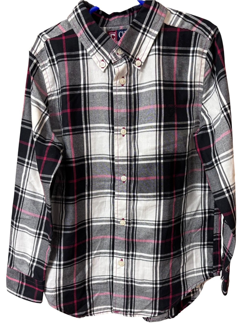 CHAPS Boys Size 7 Plaid Button Down Shirt Black Gray Red Preppy